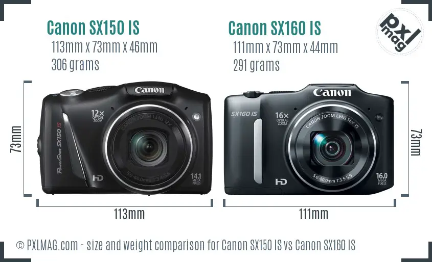 Canon SX150 IS vs Canon SX160 IS size comparison