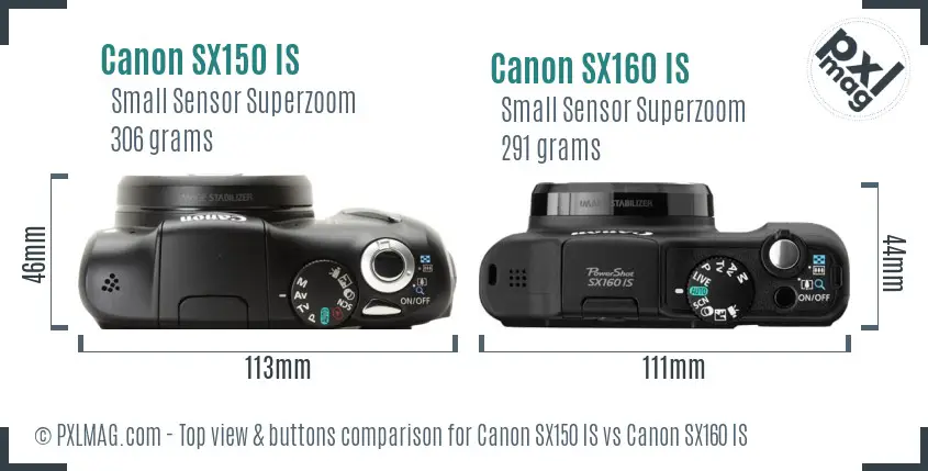 Canon SX150 IS vs Canon SX160 IS top view buttons comparison