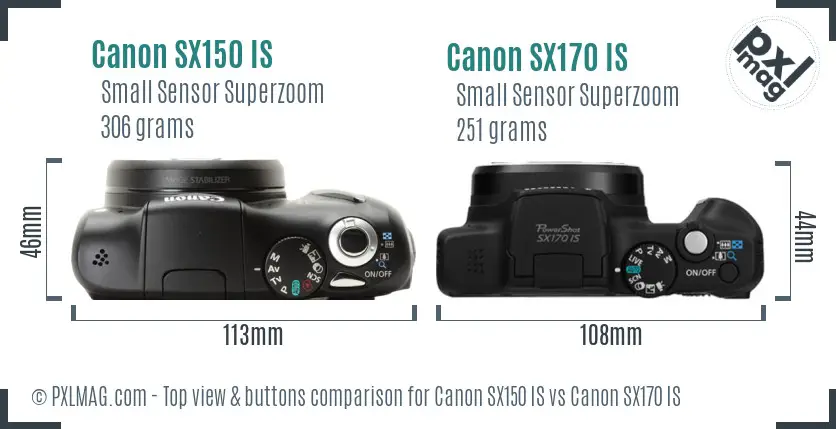 Canon SX150 IS vs Canon SX170 IS top view buttons comparison