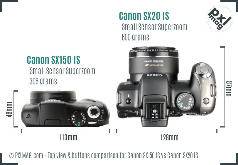 Canon SX150 IS vs Canon SX20 IS top view buttons comparison