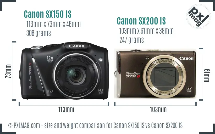 Canon SX150 IS vs Canon SX200 IS size comparison