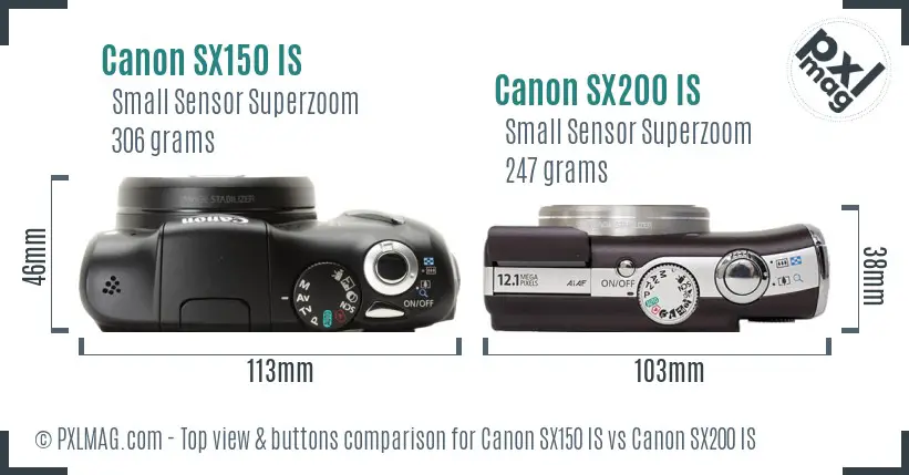 Canon SX150 IS vs Canon SX200 IS top view buttons comparison