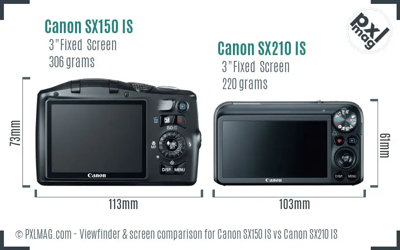 Canon SX150 IS vs Canon SX210 IS Screen and Viewfinder comparison