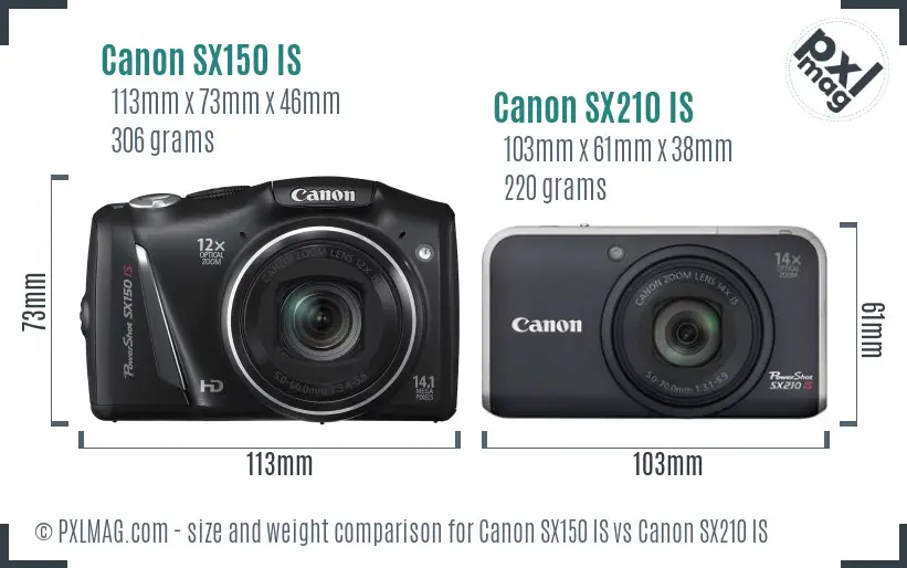 Canon SX150 IS vs Canon SX210 IS size comparison
