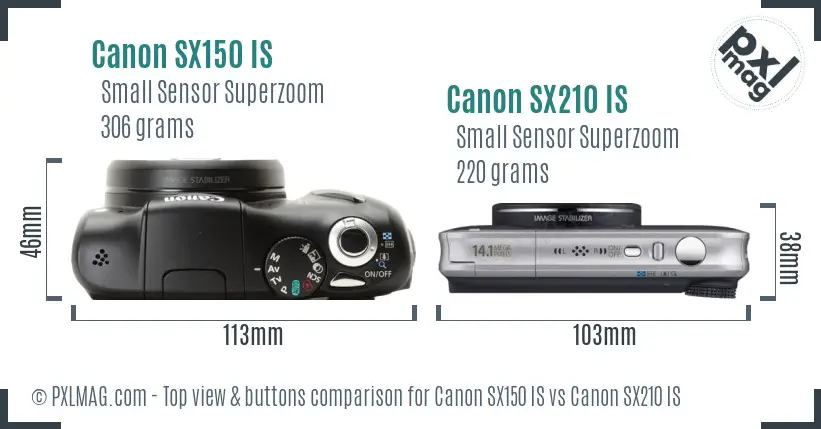 Canon SX150 IS vs Canon SX210 IS top view buttons comparison