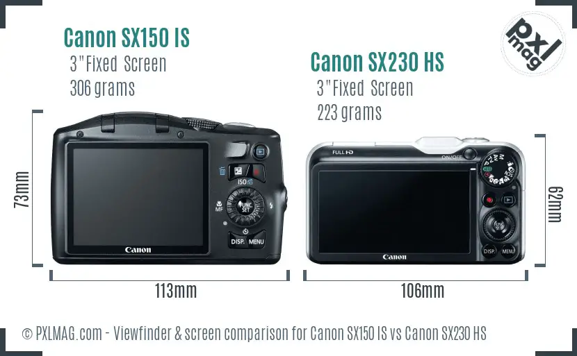 Canon SX150 IS vs Canon SX230 HS Screen and Viewfinder comparison