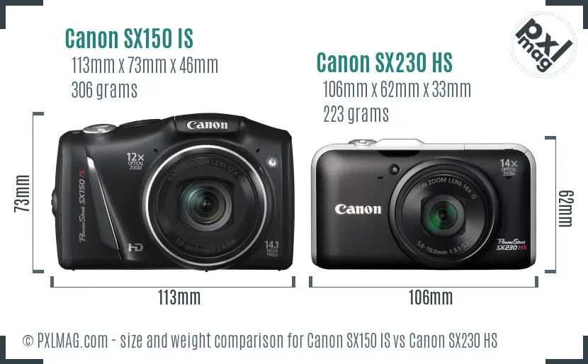 Canon SX150 IS vs Canon SX230 HS size comparison