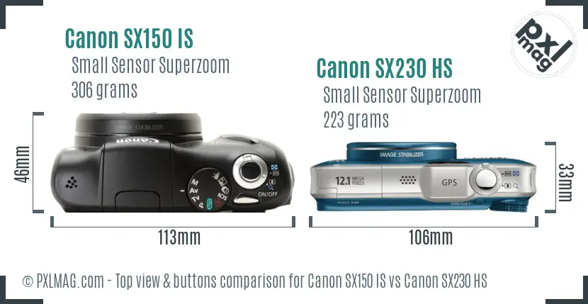 Canon SX150 IS vs Canon SX230 HS top view buttons comparison