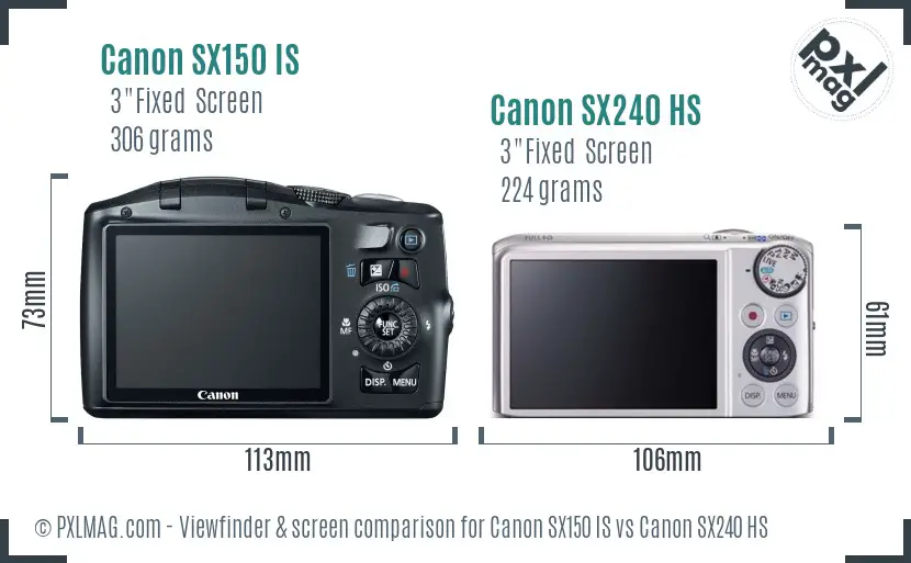 Canon SX150 IS vs Canon SX240 HS Screen and Viewfinder comparison