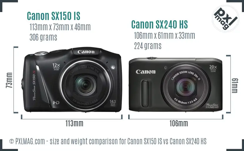 Canon SX150 IS vs Canon SX240 HS size comparison