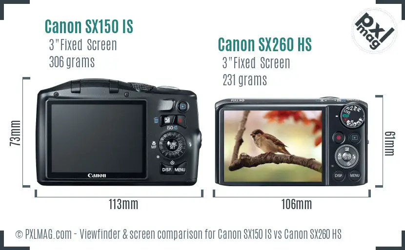 Canon SX150 IS vs Canon SX260 HS Screen and Viewfinder comparison