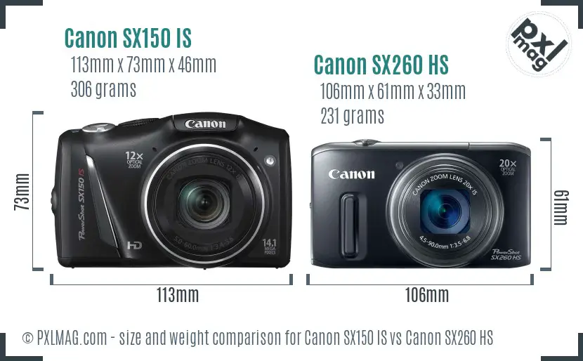 Canon SX150 IS vs Canon SX260 HS size comparison