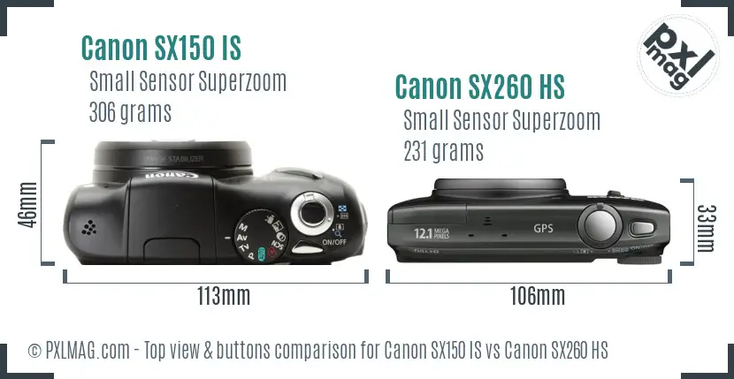 Canon SX150 IS vs Canon SX260 HS top view buttons comparison