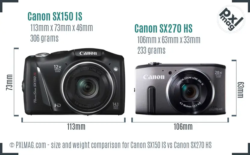 Canon SX150 IS vs Canon SX270 HS size comparison