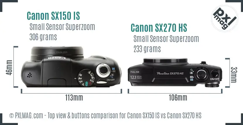 Canon SX150 IS vs Canon SX270 HS top view buttons comparison