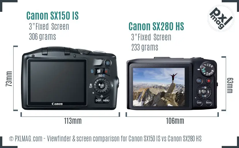 Canon SX150 IS vs Canon SX280 HS Screen and Viewfinder comparison