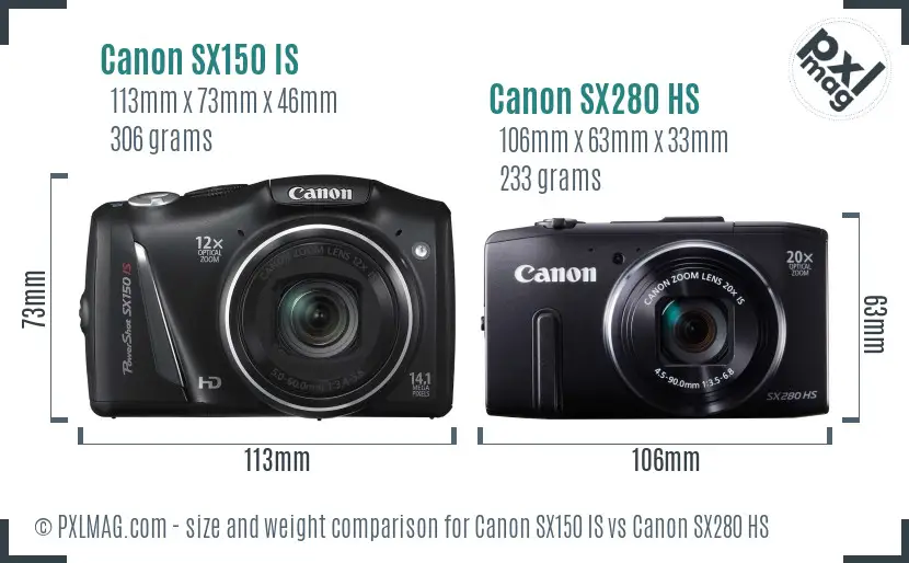 Canon SX150 IS vs Canon SX280 HS size comparison