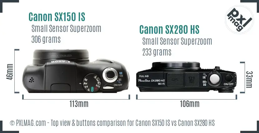 Canon SX150 IS vs Canon SX280 HS top view buttons comparison