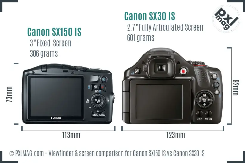 Canon SX150 IS vs Canon SX30 IS Screen and Viewfinder comparison
