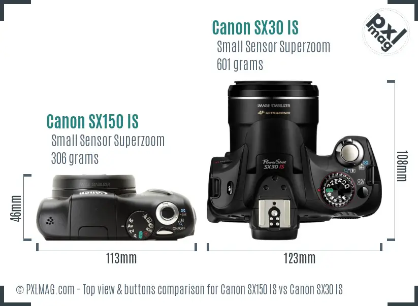 Canon SX150 IS vs Canon SX30 IS top view buttons comparison