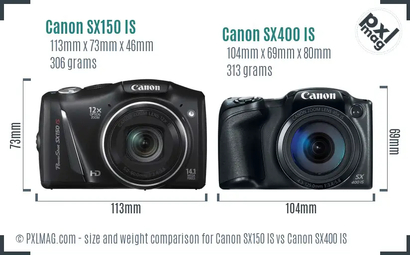 Canon SX150 IS vs Canon SX400 IS size comparison