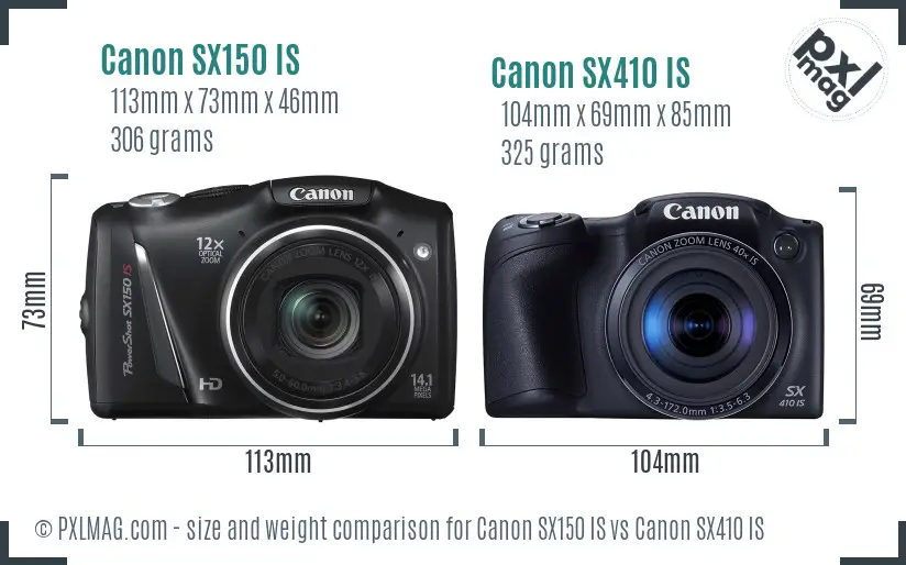 Canon SX150 IS vs Canon SX410 IS size comparison
