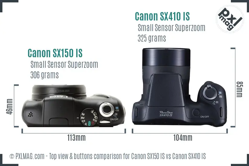 Canon SX150 IS vs Canon SX410 IS top view buttons comparison