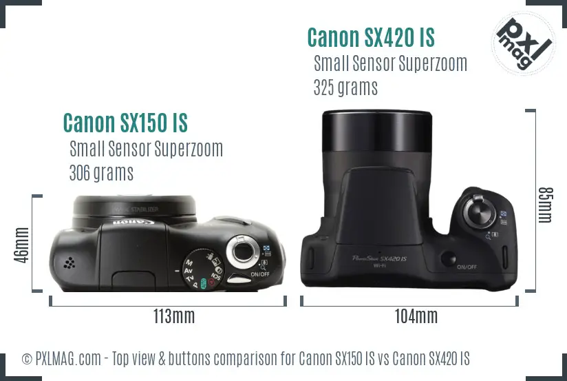 Canon SX150 IS vs Canon SX420 IS top view buttons comparison