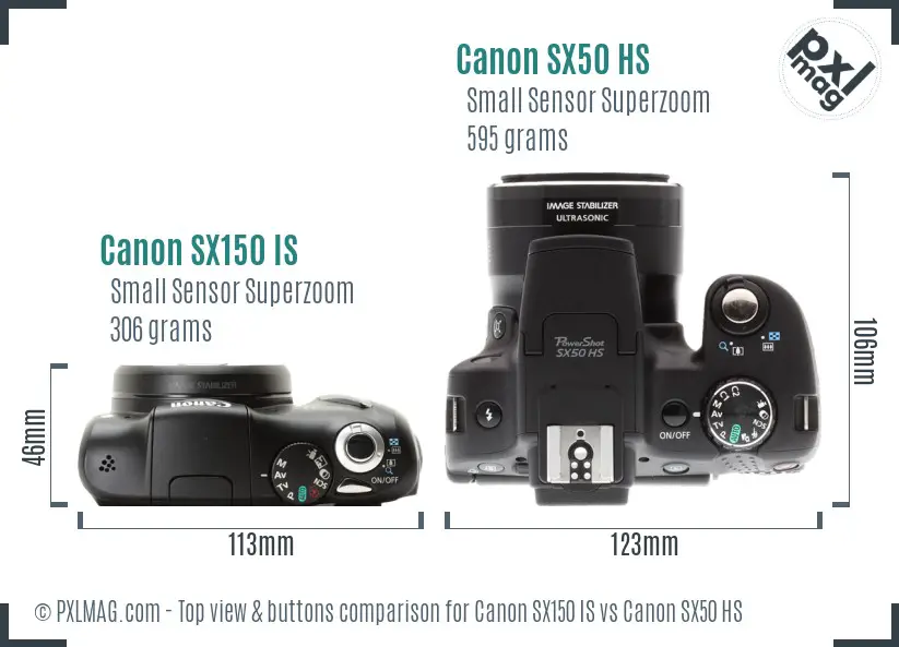 Canon SX150 IS vs Canon SX50 HS top view buttons comparison