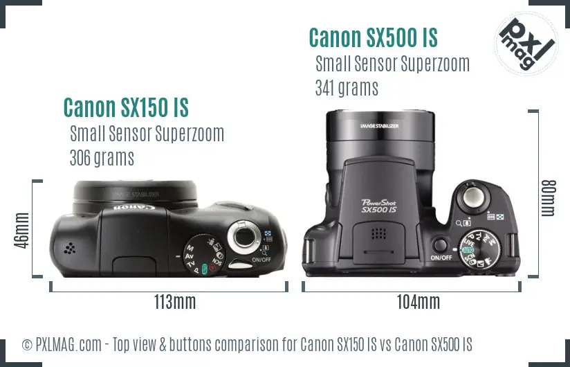 Canon SX150 IS vs Canon SX500 IS top view buttons comparison