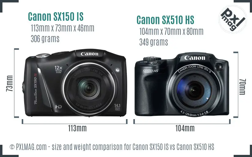 Canon SX150 IS vs Canon SX510 HS size comparison