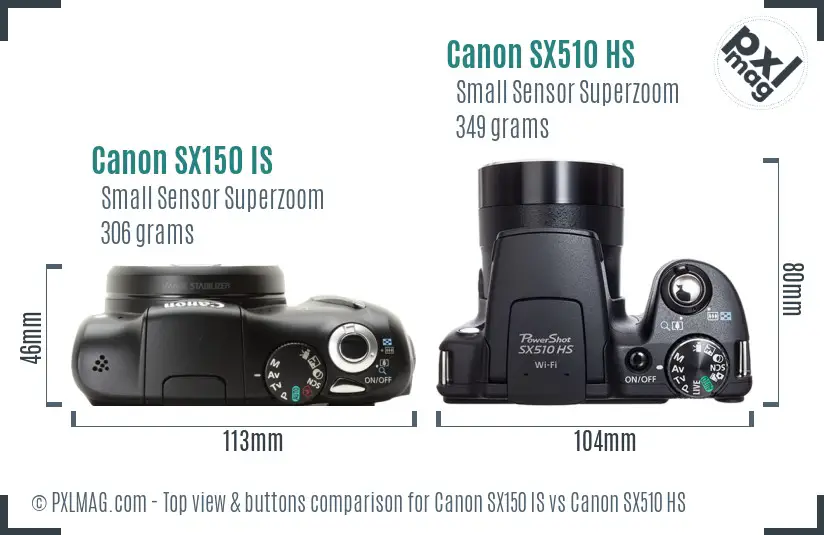Canon SX150 IS vs Canon SX510 HS top view buttons comparison