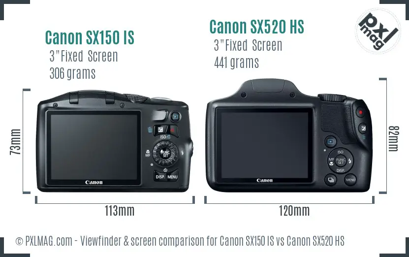 Canon SX150 IS vs Canon SX520 HS Screen and Viewfinder comparison