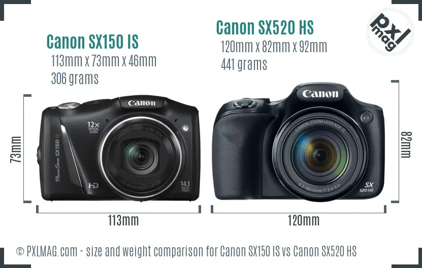 Canon SX150 IS vs Canon SX520 HS size comparison