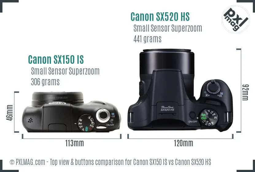 Canon SX150 IS vs Canon SX520 HS top view buttons comparison
