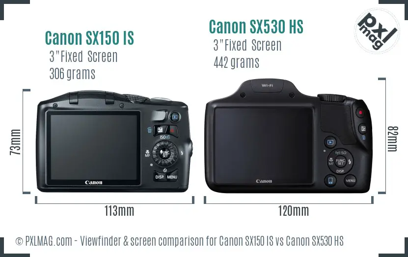 Canon SX150 IS vs Canon SX530 HS Screen and Viewfinder comparison