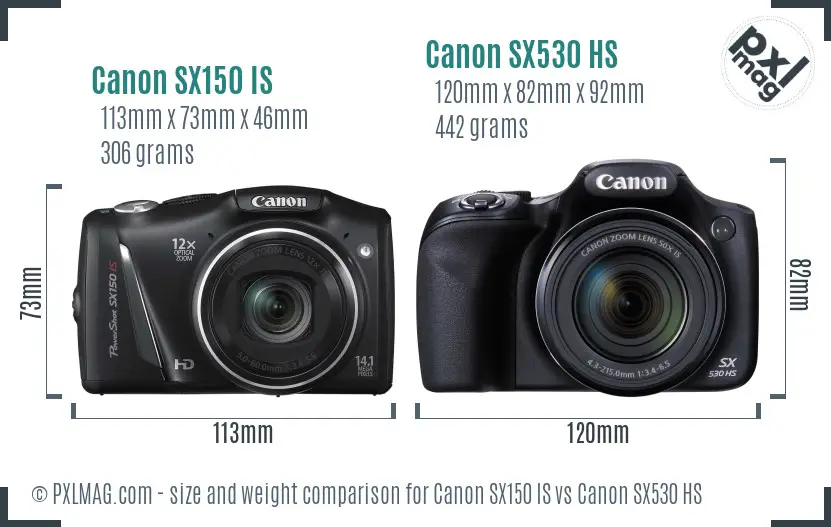 Canon SX150 IS vs Canon SX530 HS size comparison