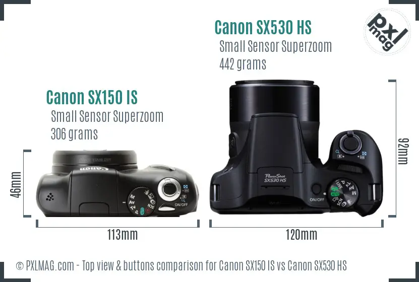 Canon SX150 IS vs Canon SX530 HS top view buttons comparison