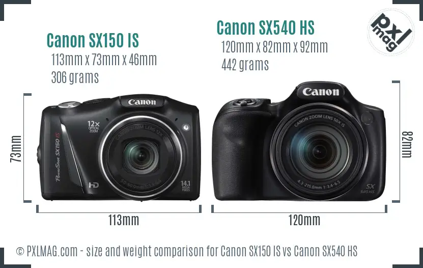 Canon SX150 IS vs Canon SX540 HS size comparison