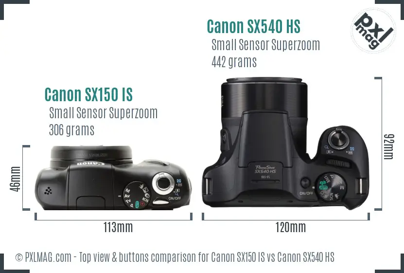 Canon SX150 IS vs Canon SX540 HS top view buttons comparison