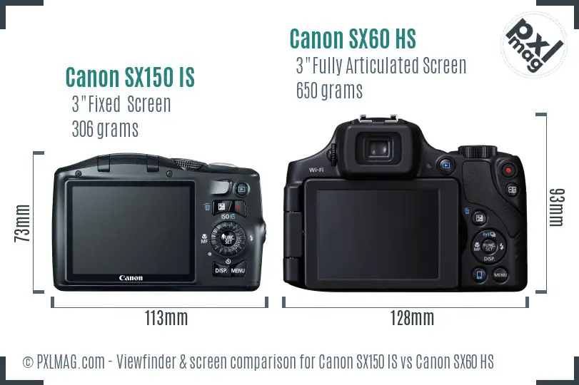 Canon SX150 IS vs Canon SX60 HS Screen and Viewfinder comparison
