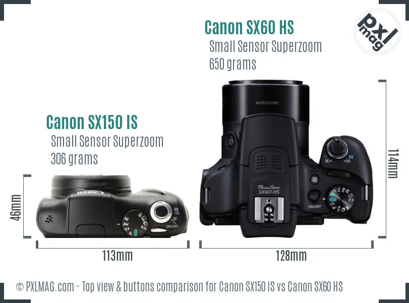 Canon SX150 IS vs Canon SX60 HS top view buttons comparison
