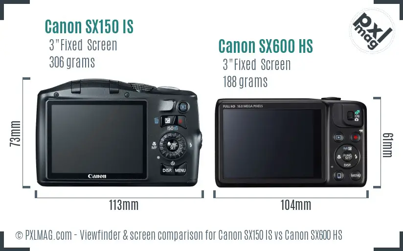 Canon SX150 IS vs Canon SX600 HS Screen and Viewfinder comparison