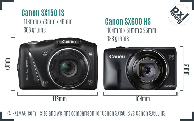 Canon SX150 IS vs Canon SX600 HS size comparison