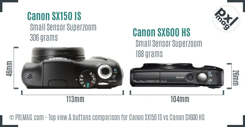 Canon SX150 IS vs Canon SX600 HS top view buttons comparison