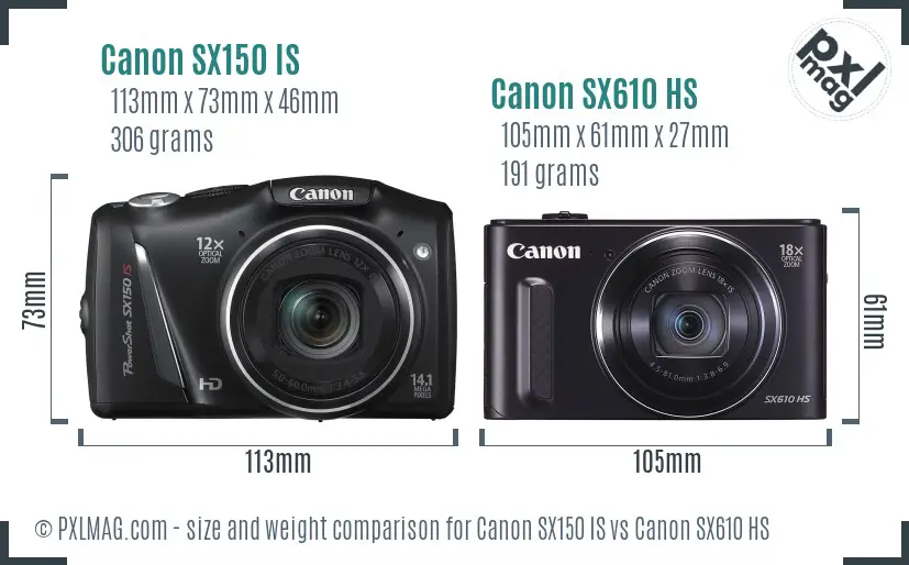 Canon SX150 IS vs Canon SX610 HS size comparison