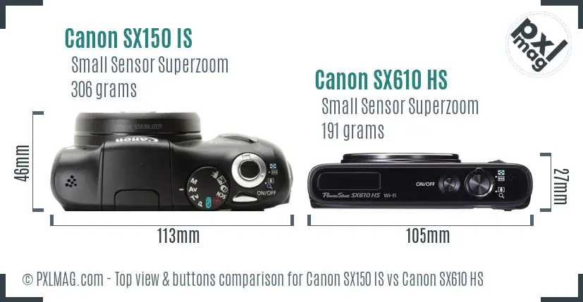 Canon SX150 IS vs Canon SX610 HS top view buttons comparison