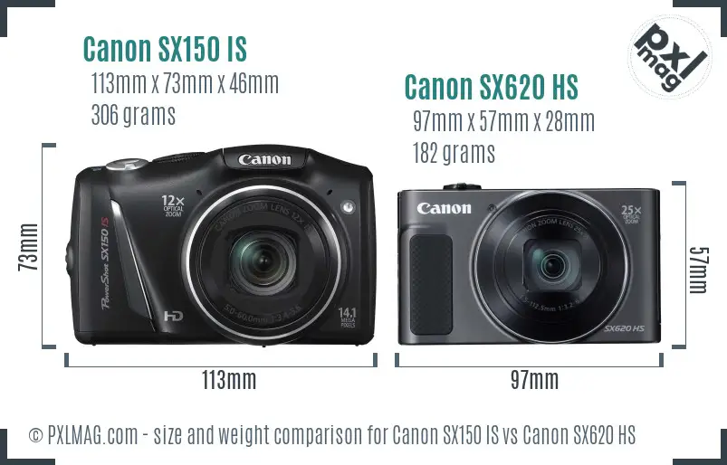 Canon SX150 IS vs Canon SX620 HS size comparison