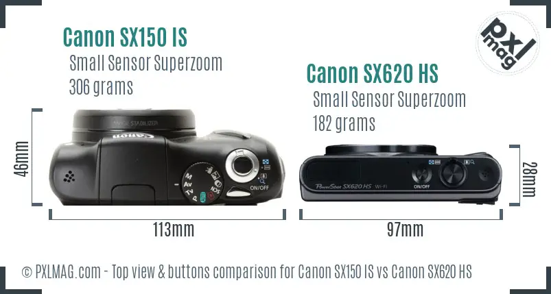 Canon SX150 IS vs Canon SX620 HS top view buttons comparison