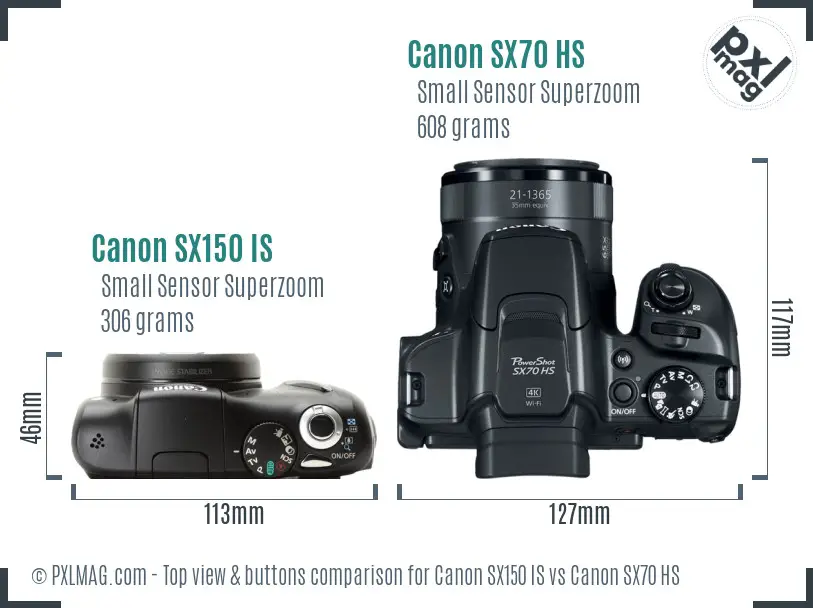 Canon SX150 IS vs Canon SX70 HS top view buttons comparison